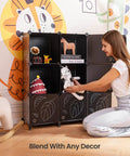 Woman organizing toys in a 9 Cube Closet Organizer With Doors Portable Modular Storage Shelves For Clothes Books Toys Black Cube Cabinet in a child's room.