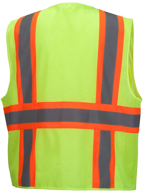 Real Deal High Visibility Mesh Safety Vest With Bold Reflective Tape In Bright Lime Extra Large back view showing mesh fabric and reflective stripes.