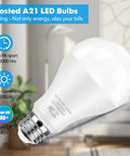 Ultra Bright 2200 Lumen LED Bulbs 150 Watt Equivalent, 20W Non Dimmable, close-up of frosted A21 E26 base bulb in living room