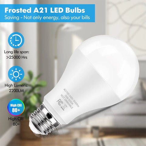 Ultra Bright 2200 Lumen LED Bulbs 150 Watt Equivalent, 20W Non Dimmable, close-up of frosted A21 E26 base bulb in living room
