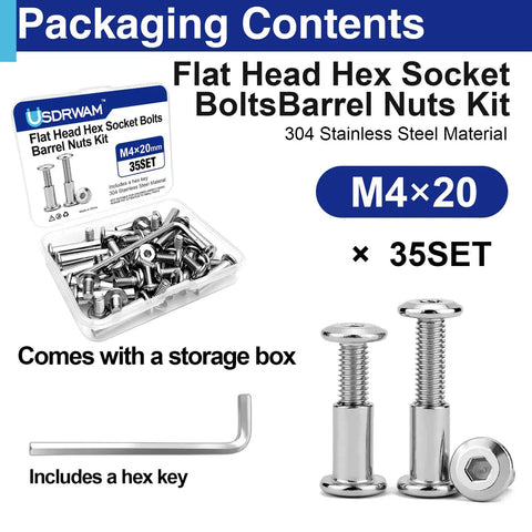 Badass 304 Stainless Steel M4 X 20mm Barrel Nut And Bolt Kit With Hex Socket Binding Screws in storage box.
