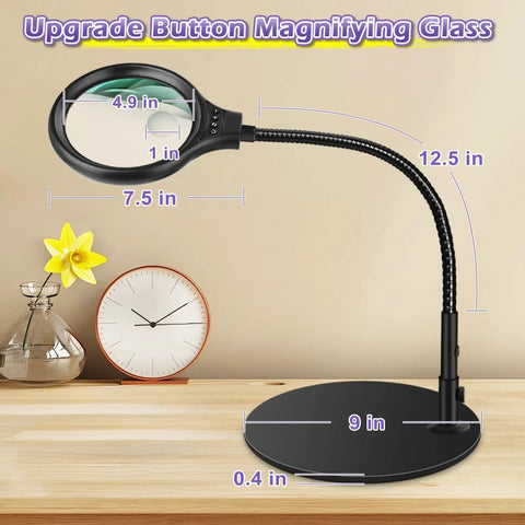 Desk Magnifying Lamp With 10X 20X Glasses Hands Free Stand Lighted Magnifier on wooden desk with flexible arm and base.