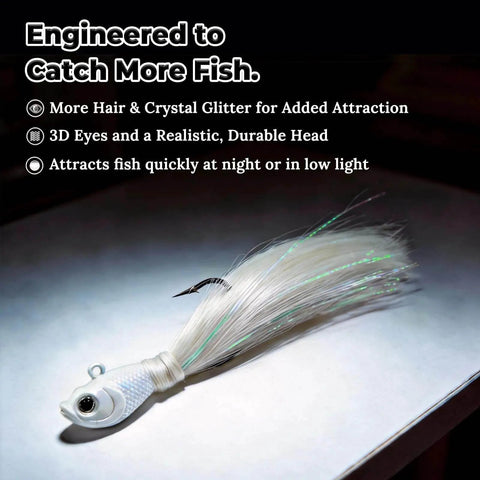 Premium Bucktail Jigs With Hair Lures, Five Pack 0.25 Ounce To 2.0 Ounce Jig Heads For Real Saltwater Action close-up view