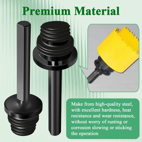 Two Pack Hole Saw Arbor Adapter For A1 A2 A10 Arbors Fits Removal Pilot Bit Enlarging Holes Made Easy By Using A Smaller Saw As Pilot For Bigger Cuts Accepts Removable One Quarter Inch Pilot Bit Easy Install Pro Grade in steel material with yellow pilot saw demonstration