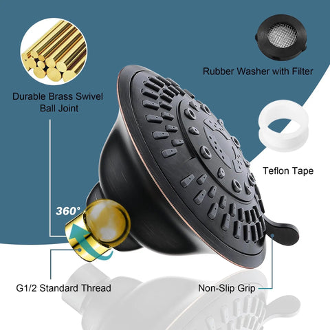 High Pressure Rain Shower Head With Fixed Shower Mount, 5 Spray Settings, 4.7" head, oil rubbed bronze, anti clog nozzles, 1.8 GPM