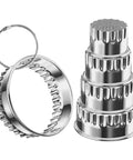 POMINEE fluted round cookie cutters set of five in stainless steel; sizes 2-3.5 in with ring handle, front view