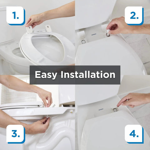 Easy installation steps for Built Tough Elongated Toilet Seat Made From Heavy Duty Polypropylene For Crack Resistant Durability And No Nonsense Standard Close Function In Classic White Finish.