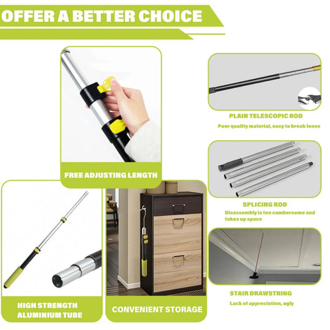 Extendable Attic Pull Down System Kit with 40 Inch Telescoping Rod showing usage, material, and storage options