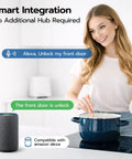 Woman using voice command with a smart speaker to control the Slick Wifi Video Smart Lock With Integrated Camera And Audio Alert.