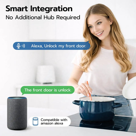 Woman using voice command with a smart speaker to control the Slick Wifi Video Smart Lock With Integrated Camera And Audio Alert.