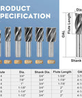 Front view of six-piece HSS end mill set; diameters 3/4"–1-1/2" and 3/4" Weldon shank
