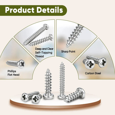 625 Piece 14 Size Self Tapping Screws Kit For Plastic And Metal M2 M3 M4 Phillips Pan Head with details on thread and head design