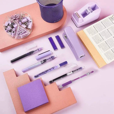 Purple 18 Piece Desk Essentials Set with 10 pens scissors stapler staples tape dispenser pen holder sticky notepads push pins