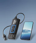 Smooth Moves 200W Car Power Inverter DC 12V to 110V AC with dual US outlets and USB C charger beside a smartphone.