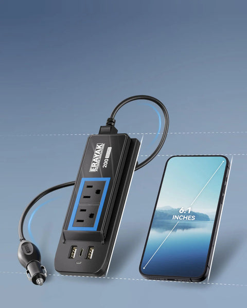 Smooth Moves 200W Car Power Inverter DC 12V to 110V AC with dual US outlets and USB C charger beside a smartphone.