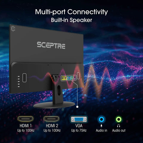 Rear view of 27 Inch Monster Monitor with 100 Hz Refresh Dual HDMI and VGA 1ms Response Time, showcasing ports and sleek design.