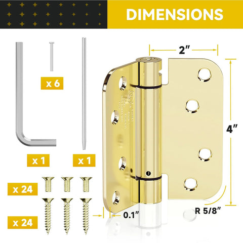 JOYNY 2-pack gold finish 4-inch self-closing door hinges; front view with screws and hex key