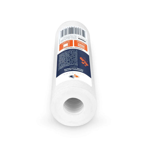Close-up of a 5 Micron 10x2.5 Household Water Filter Cartridge, Set of 12 for your whole house filtration, sediment and activated carbon.