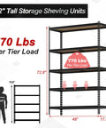 Heavy Duty Five Tier Metal Storage Rack With Ultra High Load Capacity 3850 Lbs shown with load capacity and dimensions