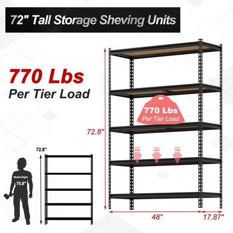 Heavy Duty Five Tier Metal Storage Rack With Ultra High Load Capacity 3850 Lbs shown with load capacity and dimensions