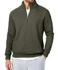 Model wearing Mens Quarter Zip Fleece Pullover Mock Neck Sweatshirt Regular Fit Long Sleeve Outdoor Knit Top in moss green