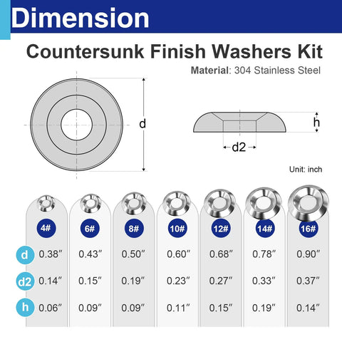 Heavy Duty Stainless Steel Countersunk Washer Assortment Kit Featuring 280 Pieces Across Seven Top Shelf Hardware Sizes Crafted In Slick Metal Construction Stored In A Snazzy Divided Case For Smooth Weekend Fixes And Effortless Building Tasks dimensions with detailed measurements in inches.