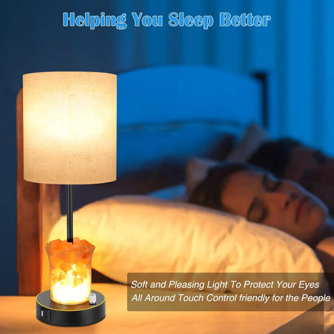 Table Lamp With Himalayan Salt Lamp 2 In 1 Farmhouse Style Nightstand Light With USB C And USB A Ports, 3 Way Dimmable Salt Rock Lamp With AC Outlet, Touch Control Bedside Lamp For Bedroom And Living Room
