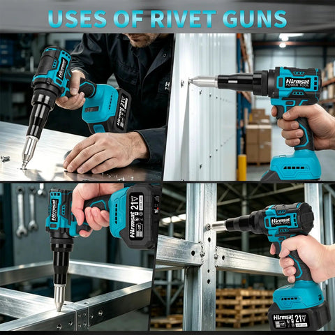 Tough As Nails Brushless Cordless Rivet Gun Packing Serious Pulling Force And Two Extended Batteries For Quick Aluminum Fastening Without Breaking A Sweat Or Dealing With Frustrating Slow Tools, demonstrating various uses on aluminum sheets and metal frames.