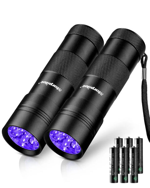 Ultraviolet Blacklight Flashlight Set Of 2 With 12 LED 395nm UV Light For Pet Pee Detection And Stain Finding, Bed Bug Inspection, Resin Curing, And