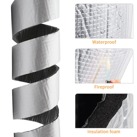 Foam Foil Pipe Insulation Wrap 3 Inch By 32 Foot Self Adhesive Reflective Tape, spiral view with waterproof and fireproof features.