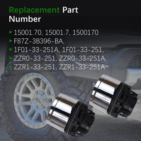 Two Pack Manual Wheel Locking Hub Actuator Assembly For Ford Ranger 1998 2003 For Explorer 1995 2001 And Mazda B Series Pickup 1998 2009 Off Road Ready Heavy Duty Lock Hub Upgrade Replaces F87Z 3B396 BA 1500170 with chrome finish and tire background.