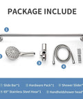 Slide Bar Shower System With Handheld Shower Head And Stainless Steel Grab Bar, Adjustable Height, 69 Inch Hose, Brushed Nickel Finish, ADA Compliant package contents.