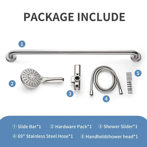 Slide Bar Shower System With Handheld Shower Head And Stainless Steel Grab Bar, Adjustable Height, 69 Inch Hose, Brushed Nickel Finish, ADA Compliant package contents.
