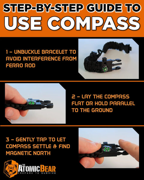 Step-by-step guide showing how to use the compass on a Paracord Survival Bracelet 2 Pack With Fire Starter Ferro Rod Loud Whistle Compass 12 Ft Paracord Adjustable.