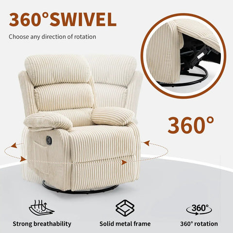 360 Degree Rocking Recliner Chair With Footrest And Side Pocket Comfy Velvet Beige Upholstered Single Sofa Armchair showcasing 360 swivel feature