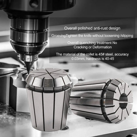 15 Piece ER11 Collet Set For CNC Milling Engraving And Lathe Tools, showing two ER11 spring steel collets in use and detailed specs.