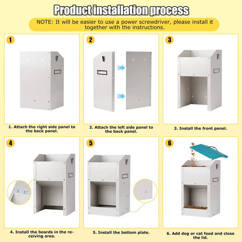 Product installation process for No Sweat Automatic Dog And Cat Feeder With 14 Liter Gravity Stand showing steps and part assembly.