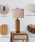 Rattan Table Lamps Set Of 2 For Bedroom With 3 Way Dimmable Touch Control, showing close-ups of linen shade, rattan body, and USB ports