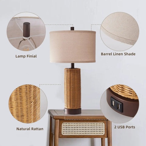 Rattan Table Lamps Set Of 2 For Bedroom With 3 Way Dimmable Touch Control, showing close-ups of linen shade, rattan body, and USB ports