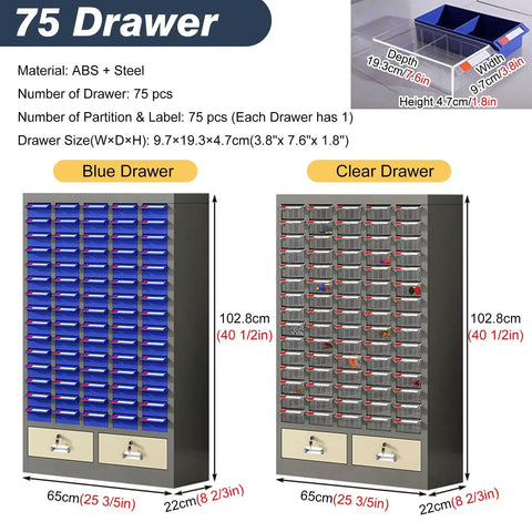 Heavy Duty Tough As Nails Blue Parts Cabinet With Up To One Hundred Drawers for screws bolts nails small items and crafts, showcasing blue and clear drawer design.