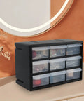 Top Shelf Nine Drawer Plastic Storage Cabinet With Easy Adjust Dividers For No Sweat Organization Small Parts Sorting Craft Supplies And Wall Mount Desktop Tool Box on a countertop with various craft supplies inside.
