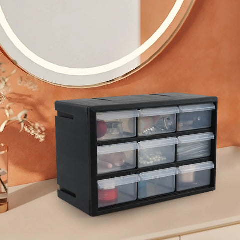 Top Shelf Nine Drawer Plastic Storage Cabinet With Easy Adjust Dividers For No Sweat Organization Small Parts Sorting Craft Supplies And Wall Mount Desktop Tool Box on a countertop with various craft supplies inside.