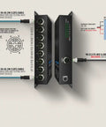 Diagram showing 8-Port Industrial Gigabit PoE Switch with M12 X-Coded connections for IP cameras and power input, installed.