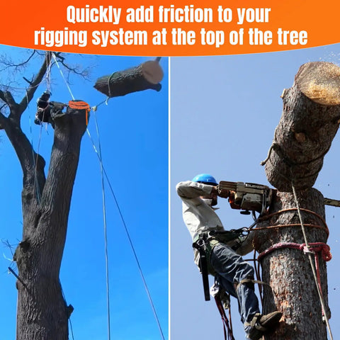 Kickass Adjustable Arborist Rigging Sling With Smooth Aluminum Block Ring Five Eighth Inch By 6 Point 7 Feet 10 Pocket Quick Setup Tree Lowering Gear in use at tree top.