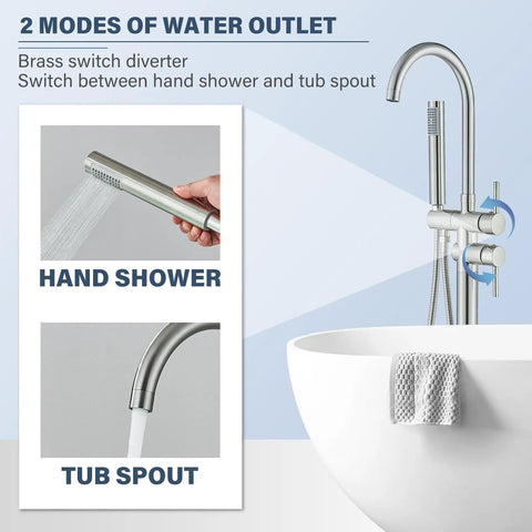 Freestanding Bathtub Faucet In Brushed Nickel, Floor Mounted Tub Filler With Handheld Shower, 360 Degree Swivel Spout shown