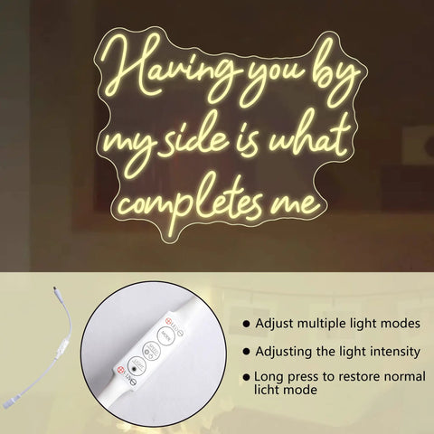 Having You By My Side Is What Completes Me Neon Sign For Wall Decor, 21x17 Inch Dimmable LED Light Up Sign, customization options