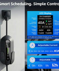 Ready To Charge Any J1772 EV With This Top Shelf Portable Level 2 Charger 40 Amp 25 Ft Cable Nema 14-50 And Nema 5-15 Adapter Complete Wall Mount Kit For Quick Plug And Play No Sweat Setup showing LED display with charging status.