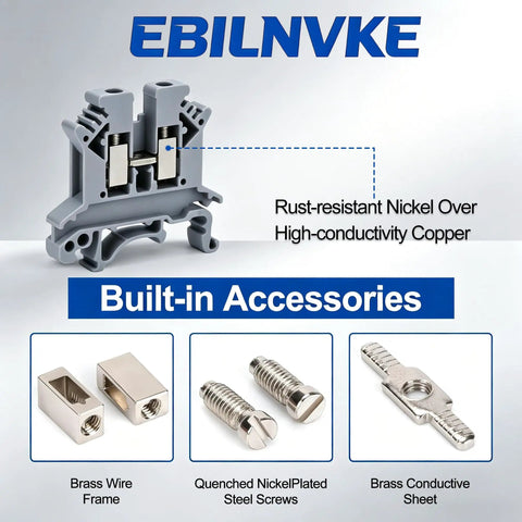 Thirty Piece Terminal Blocks Kit For DIY And Industrial Projects, 32A 690V Screw Terminal Blocks with brass and nickel components shown