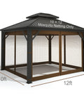 Durable 10x12 Outdoor Gazebo Mosquito Netting With 4 Panel Sidewalls, Double Zippers On All Sides, 100 Percent Polyester Brown Replacement Screen