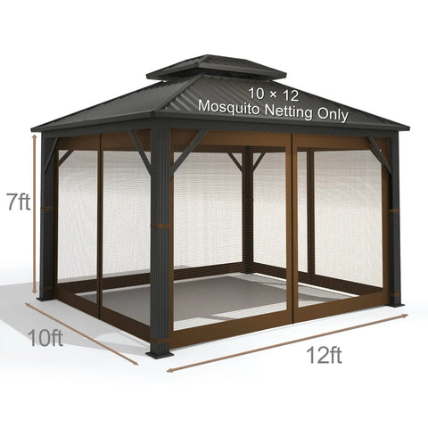 Durable 10x12 Outdoor Gazebo Mosquito Netting With 4 Panel Sidewalls, Double Zippers On All Sides, 100 Percent Polyester Brown Replacement Screen